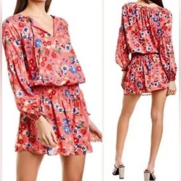 Parker Smocked Drop Waist Mini Dress Floral Deep Coral Size S - Picture 1 of 11